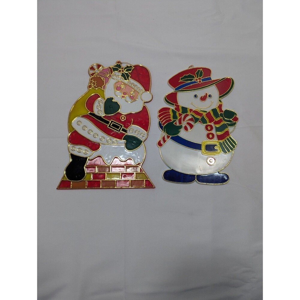 Vintage Lot of 2 Plastic Santa Claus w/ Sack & Snowman Christmas Suncatchers 8"